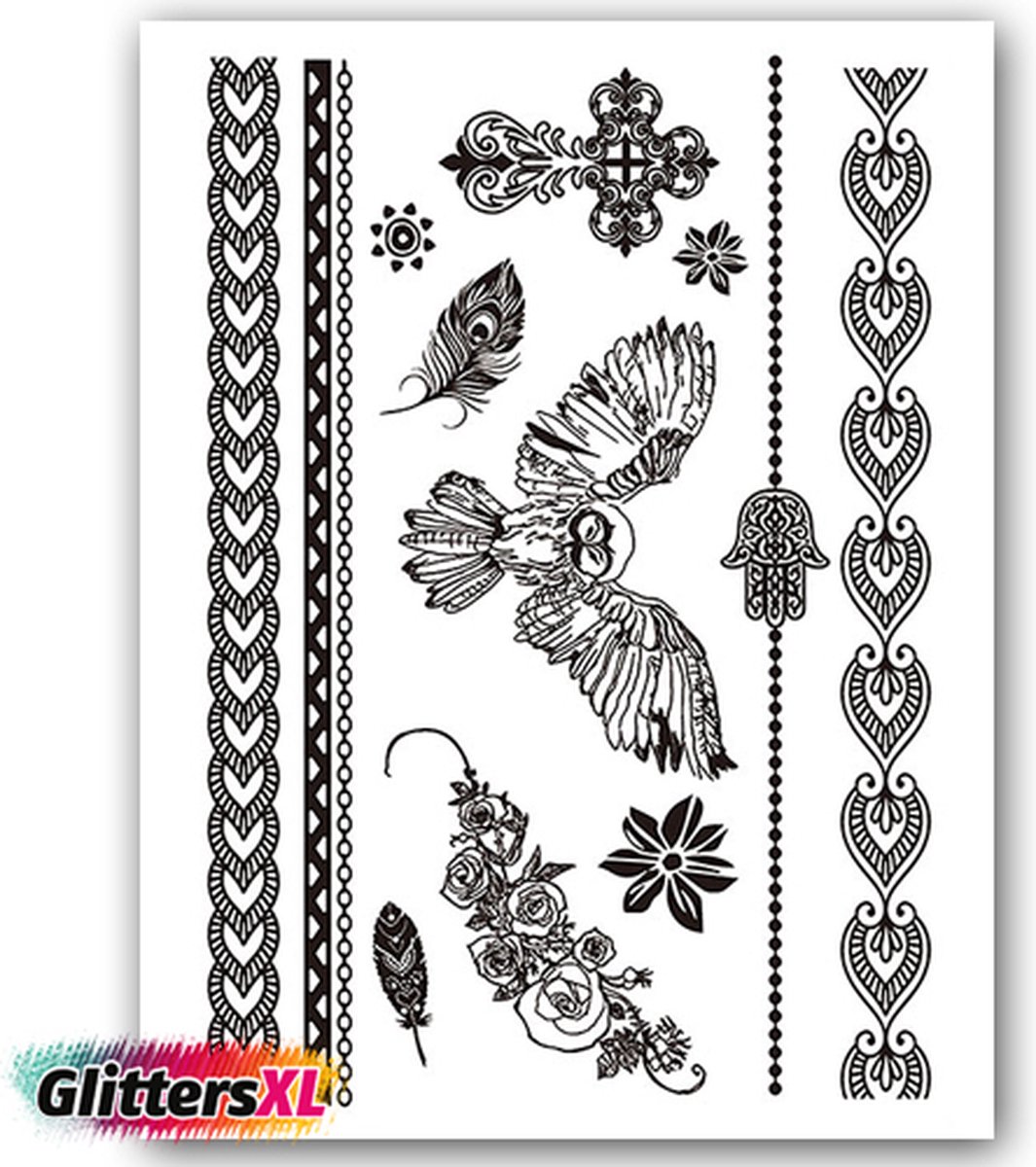 GlittersXL - Temporary Tattoo Henna (A5 formaat) [Neptattoo - Tijdelijke tatoeage - Nep Fake Tattoos - Water overdraagbare festival sticker henna outfit tattoo - Glitter tattoo - Volwassenen Kinderen Jongen Meisje]